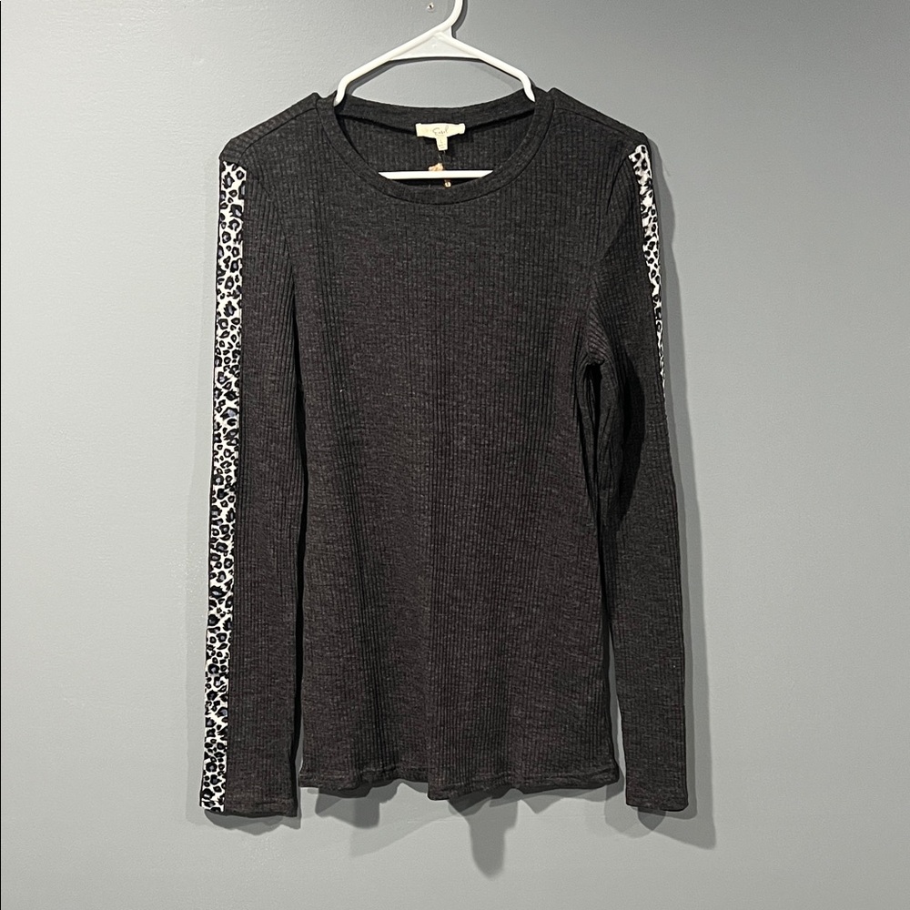 EASEL Charcoal Long Sleeve Top with Animal Print Stripes